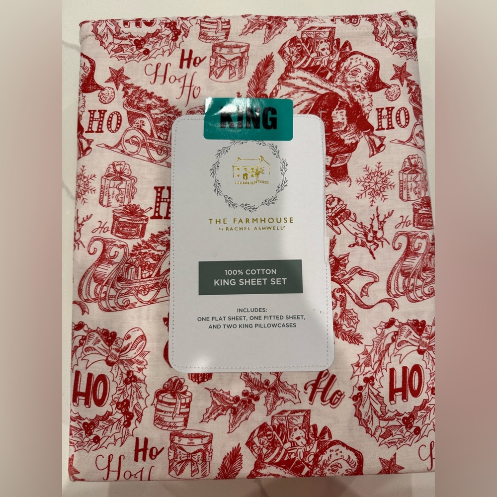 Farmhouse Rachel Ashwell HO HO HO Santa 4pc king  Christmas sheets